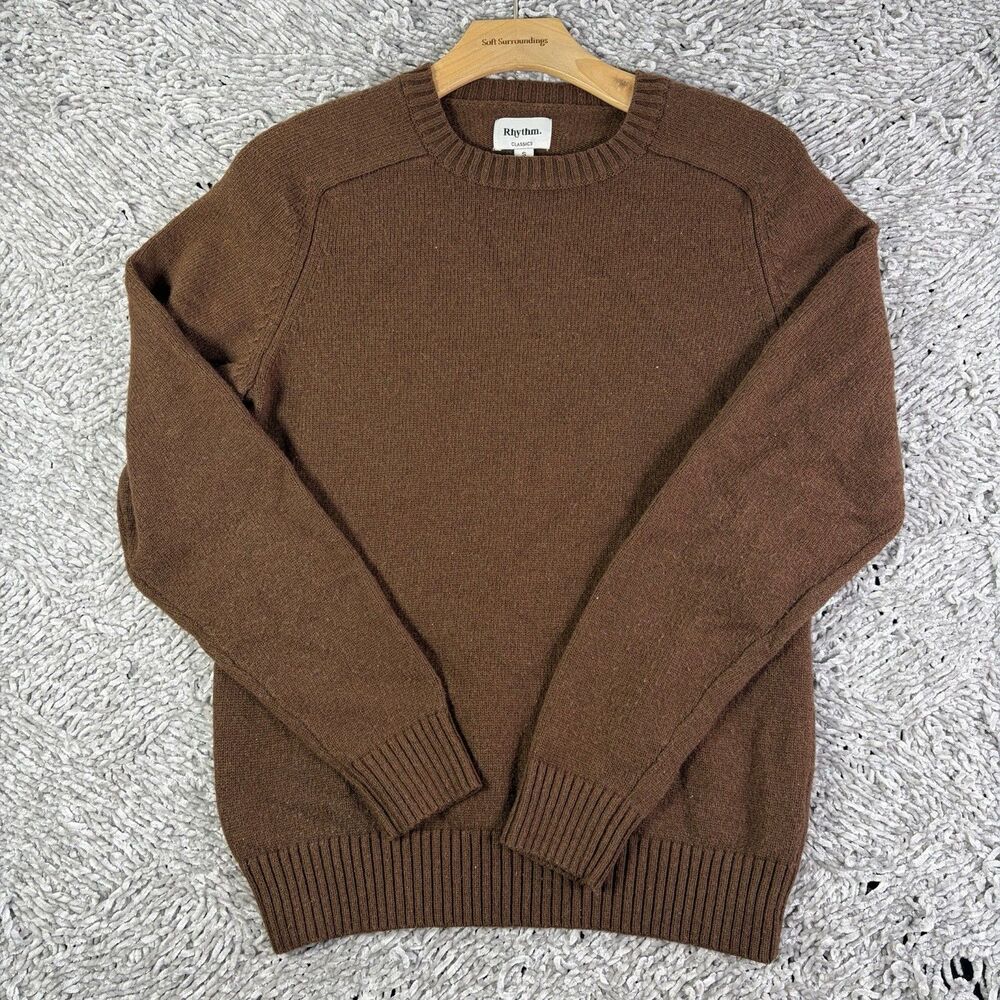 Rhythm Wool Sweater Mens Small Brown Pullover Crewneck Long Sleeve Knit Winter